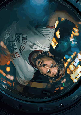 Man looking out of a spaceship window