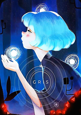 Girl with blue hair holding light orbs