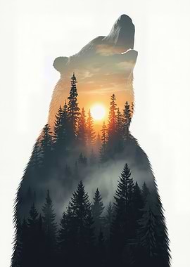 Bear Silhouette with Forest Sunset