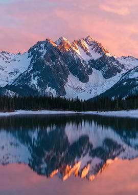 Snowy Mountain Reflection at Sunset