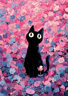 Black Cat in a Field of Flowers