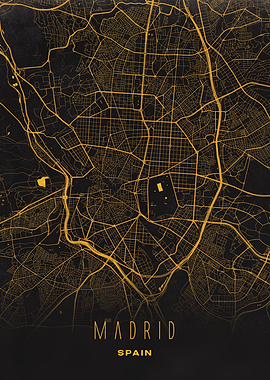 Madrid, Spain - Golden City Streets Map, Wall Art Poster