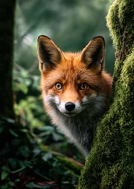 Red Fox Peeking from Behind a Mossy Tree