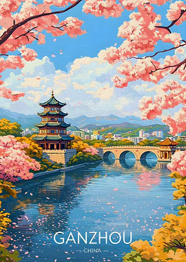 Ganzhou China Cherry Blossom River Scene