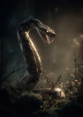 Aggressive Snake in Dark Forest