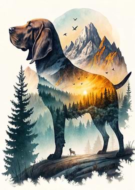 Dog with Mountain Landscape Double Exposure