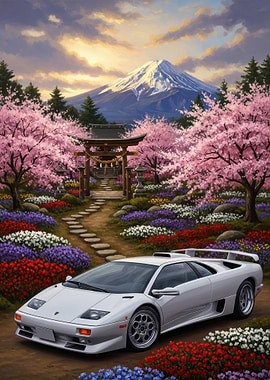 White Lamborghini Diablo with Mount Fuji and Cherry Blossoms