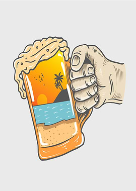 Hand holding a beer with a beach scene