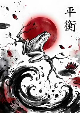 Frog on Branch with Japanese Sun and Waves