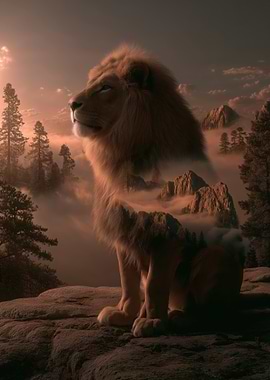 Majestic Lion in Misty Mountains