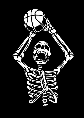 Skeleton playing basketball