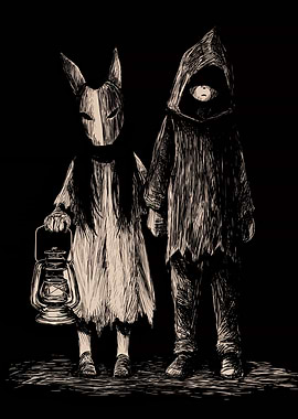 Two figures in dark clothing