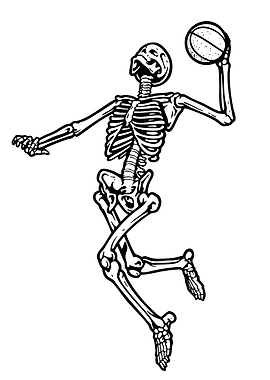Skeleton playing basketball