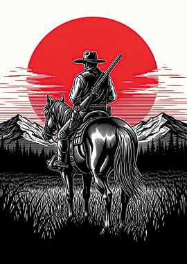 Cowboy on Horse at Sunset