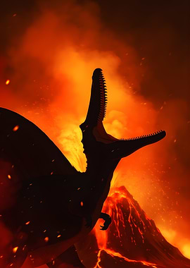 Dinosaur Roaring in Volcano Eruption