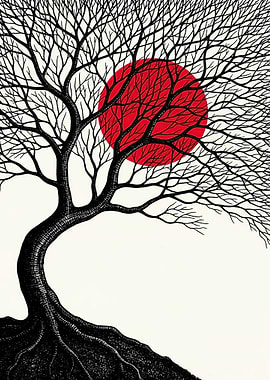 Bare Tree Silhouette Against Red Sun