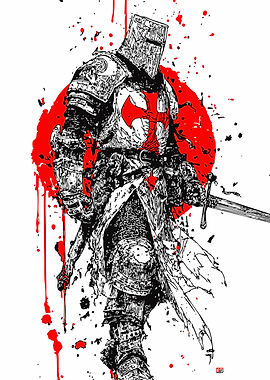 Templar Knight with Red Sun and Blood Splatter