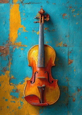 Violin on Textured Blue and Yellow Background