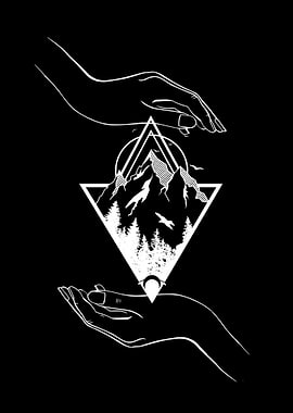 Geometric Mountain Landscape with Hands