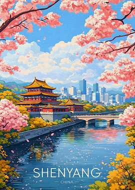 Shenyang Cityscape with Cherry Blossoms