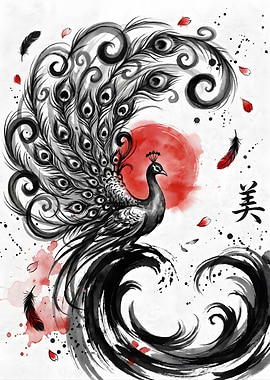 Elegant Peacock with Red Sun