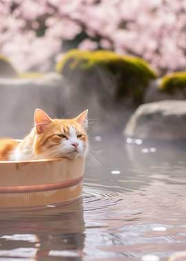 Cat relaxing in a hot spring