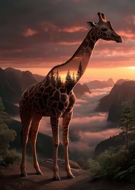 Giraffe with Forest Landscape