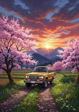 Golden Toyota SUV in Cherry Blossom Sunset