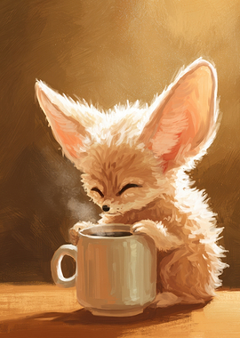 Cute Fennec Fox with Coffee