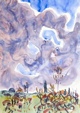 Watercolor Landscape with Stormy Sky