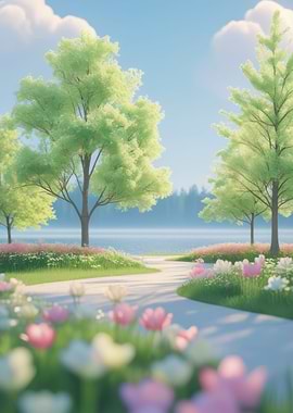 Spring Garden Path by the Lake