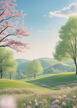 Spring Landscape with Cherry Blossoms