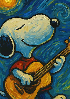 Snoopy Playing Guitar in Starry Night Style