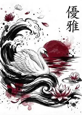 Elegant Swan and Lotus in Japanese Ink Style