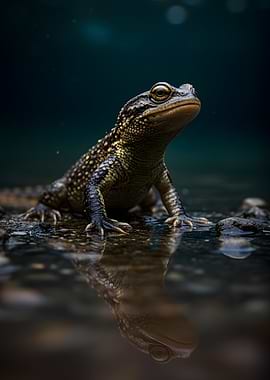 Frog on rocky shore with reflection