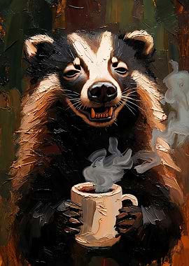 Badger enjoying a hot drink