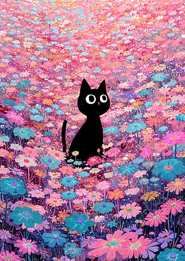 Black Cat in a Field of Flowers