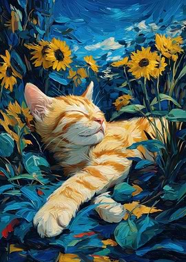Orange Cat Sleeping Among Sunflowers