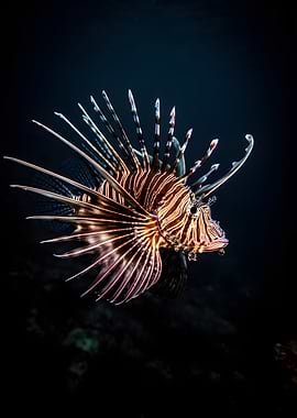 Lionfish swimming in dark water
