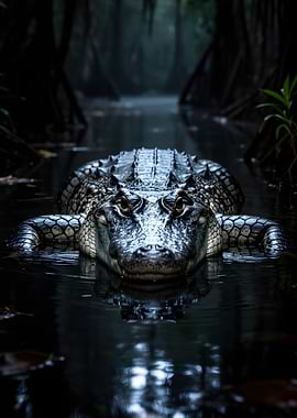 Alligator in dark swamp water
