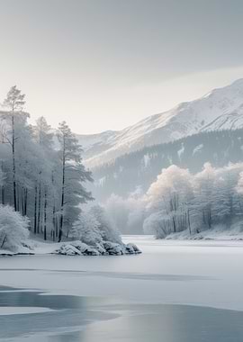 Winter Landscape with Frozen Lake and Mountains