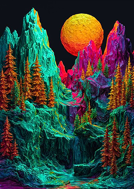 Neon Mountain Landscape Impasto Painting