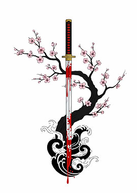 Bloody Katana with Cherry Blossoms and Waves