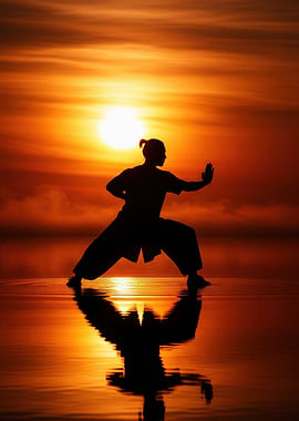 Silhouette of a martial artist at sunset