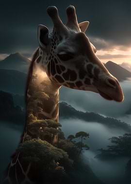 Surreal Giraffe Landscape Double Exposure