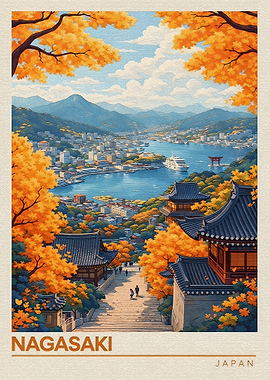 Nagasaki Cityscape with Autumn Foliage