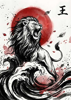 Lion Roaring Amidst Waves and Red Sun