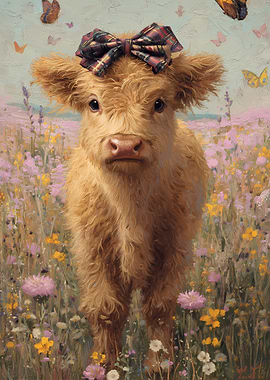 Cute Highland Cow in a Field of Flowers