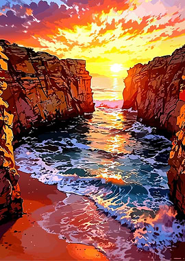 Dramatic Sunset Over Rocky Coastline