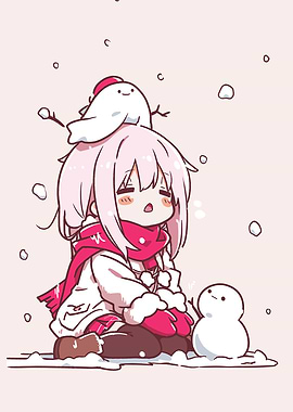 Cute Anime Girl in Snow with Snowman
